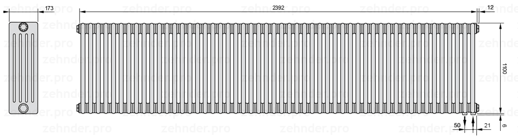 Схема (чертеж) Радиатор Zehnder Charleston 5110/52 №5510 Белый глянцевый RAL 9016